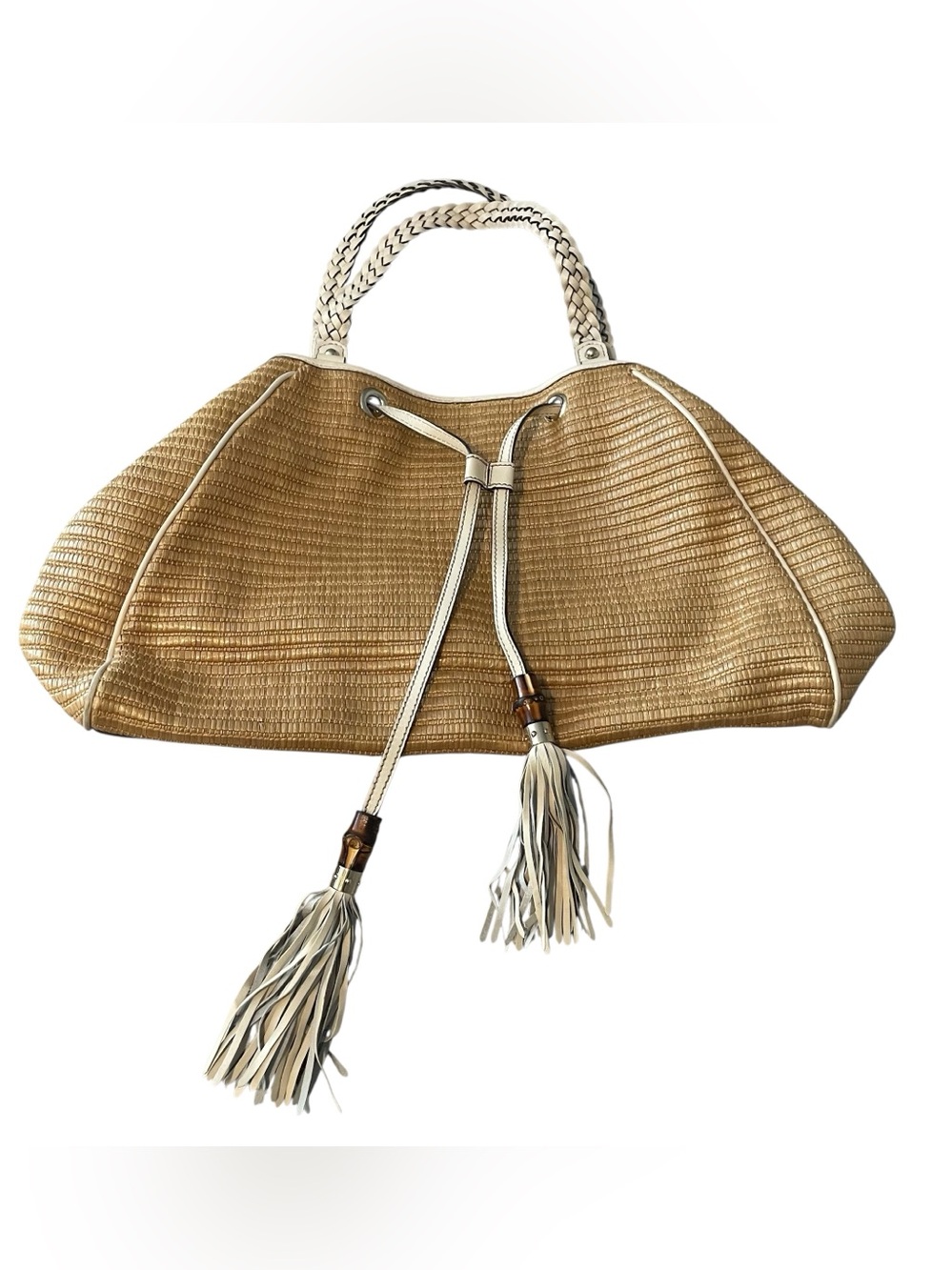 Gucci Peggy Bamboo Tassels Woven Raffia Drawstring Shoulder Bag W/COA Dust Bag